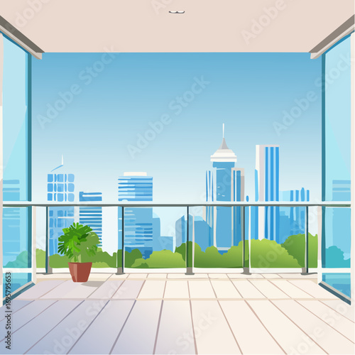 Spacious balcony view overlooking urban skyline with modern buildings and clear blue sky