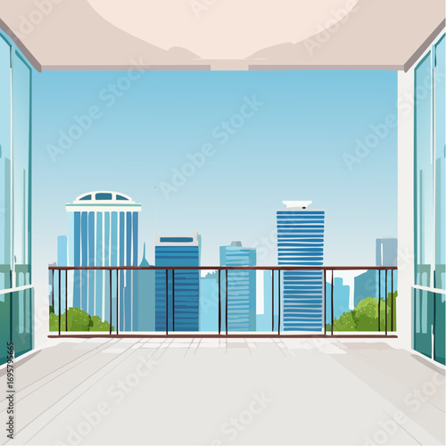 Spacious balcony view overlooking urban skyline with modern buildings and clear blue sky