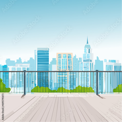 Spacious balcony view overlooking urban skyline with modern buildings and clear blue sky
