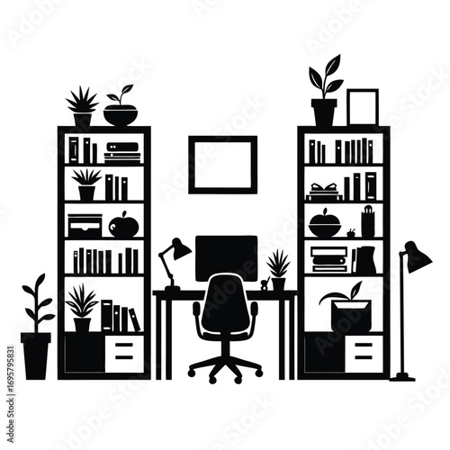 Silhouette of a home office with two bookshelves and a desk