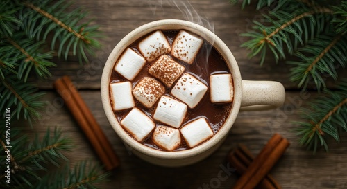 Hot cocoa with marshmallows in a mug surrounded by cinnamon sticks and evergreen branches on a wooden surface