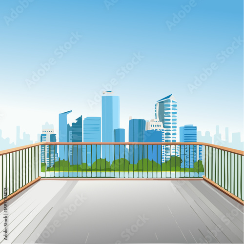 Spacious balcony view overlooking urban skyline with modern buildings and clear blue sky