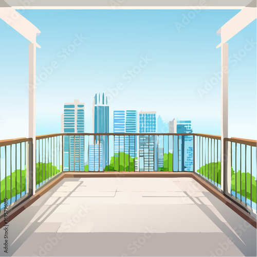 Spacious balcony view overlooking urban skyline with modern buildings and clear blue sky