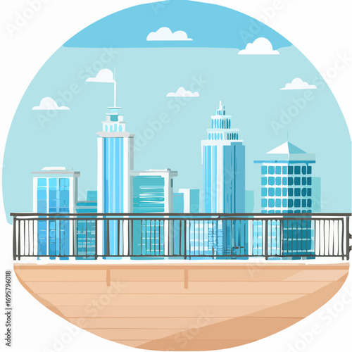 Spacious balcony view overlooking urban skyline with modern buildings and clear blue sky