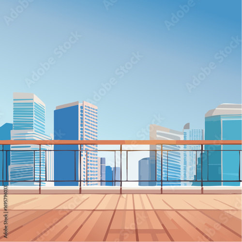 Spacious balcony view overlooking urban skyline with modern buildings and clear blue sky