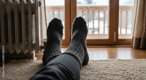 Person in gray socks with legs outstretched near a radiator and window