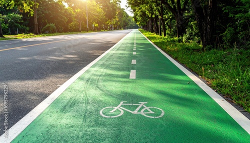 Bicycle lane asphalt with even green strip brand free wide sky area wallpaper background representing urban mobility surface suitable for clean modern design
