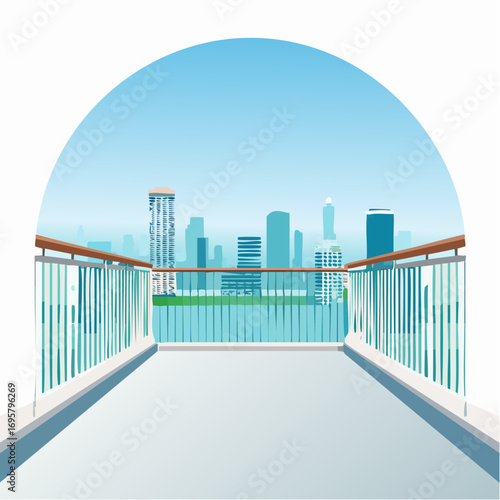 Spacious balcony view overlooking urban skyline with modern buildings and clear blue sky