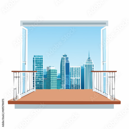 Spacious balcony view overlooking urban skyline with modern buildings and clear blue sky