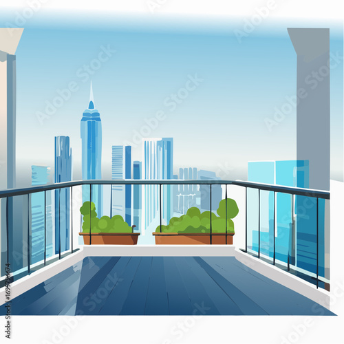 Spacious balcony view overlooking urban skyline with modern buildings and clear blue sky