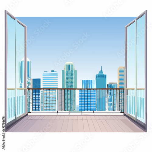 Spacious balcony view overlooking urban skyline with modern buildings and clear blue sky