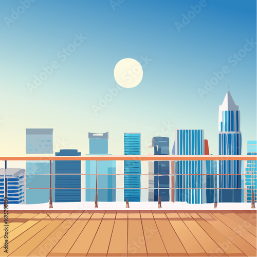 Spacious balcony view overlooking urban skyline with modern buildings and clear blue sky