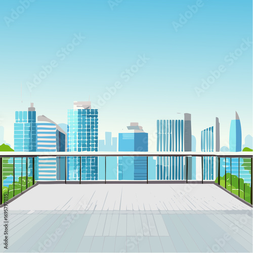 Spacious balcony view overlooking urban skyline with modern buildings and clear blue sky