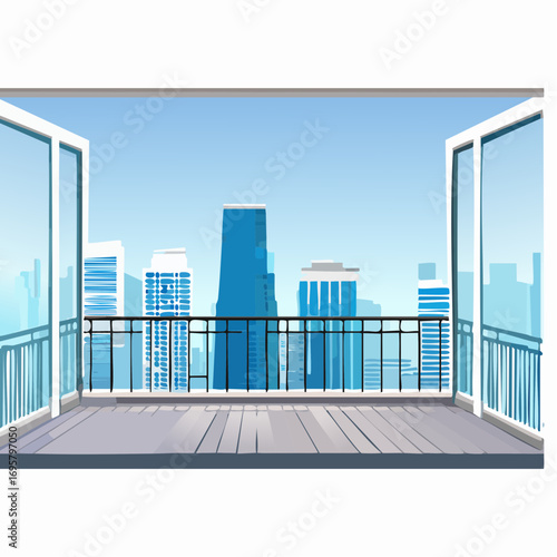 Spacious balcony view overlooking urban skyline with modern buildings and clear blue sky