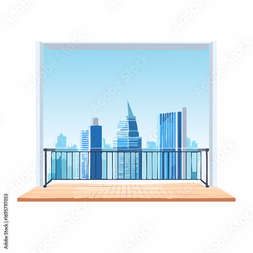 Spacious balcony view overlooking urban skyline with modern buildings and clear blue sky