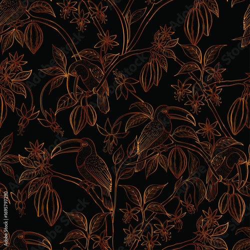 Toucans sitting on cocoa branches with leaves vector seamless pattern in metallic gold engraving style. Hand drawn print for fabric and chocolate packaging. Shiny color exotic birds background