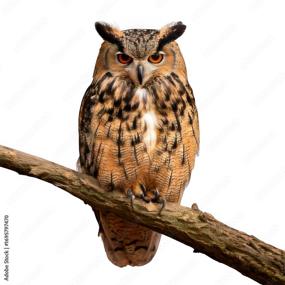 Obraz premium Owl sitting on branch, isolated on white and transparent background