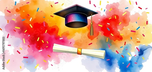 Abstract watercolor wash depicting graduation cap, diploma, and celebratory confetti,  tassel,  learning