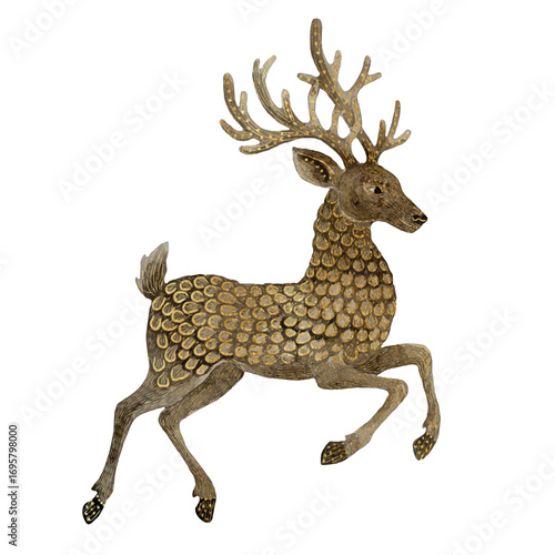 Vector freehand elegant watercolor Christmas reindeer with golden decorative elements. For holiday cards, festive design, winter decor, seasonal invitations. Hand drawn watercolour deer, gold
