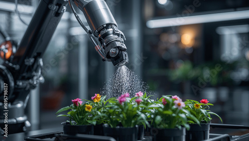 Robotic arm watering colorful flowers