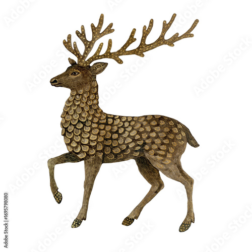 Vector freehand elegant watercolor Christmas reindeer with golden decorative elements. For holiday cards, festive design, winter decor, seasonal invitations. Hand drawn watercolour deer, gold