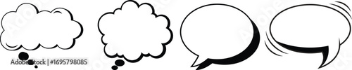 Cartoon empty retro comic style speech bubbles set with black halftone shadows. Hand drawn pop art, vintage speech clouds, thinking bubbles, and conversation text elements. Vector illustration