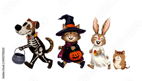 A fun-loving group of costumed critters celebrating Halloween with a cauldron full of sweet treats.