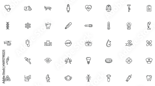 Medical healthcare icons vector set hospital equipment and doctor tools line art illustration design