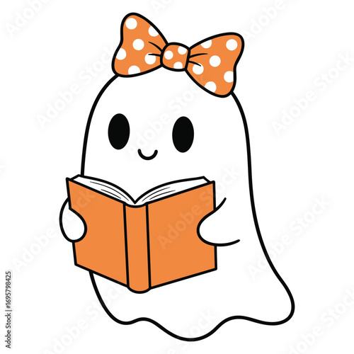 Cute Ghost Reading Book Orange Bow