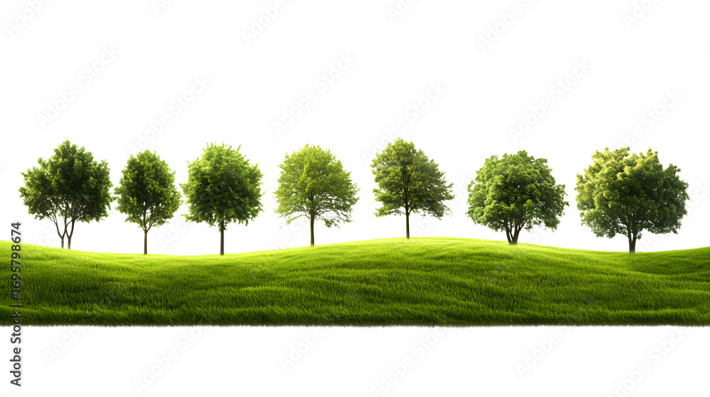 Fototapeta premium Green trees line a rolling grassy hill, Isolated on white background