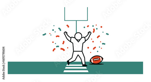 Triumphant football player celebrates touchdown victory with confetti and goalposts, capturing peak sports excitement and achievement