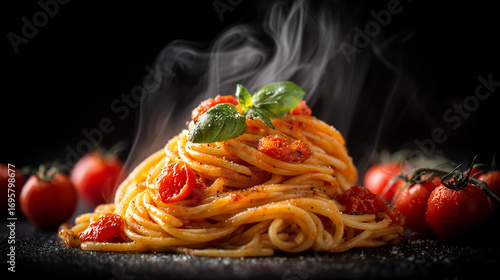 Delicious Spaghetti Pomodoro with Fresh Basil on a Black Plate