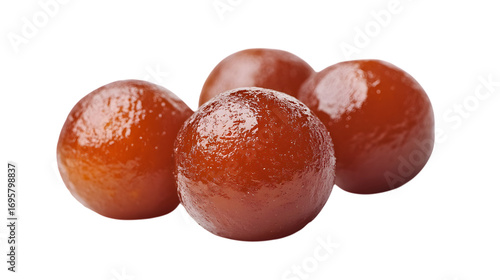 Delicious sweet gulab jamun dessert balls glistening in syrup, a delightful Indian treat, Isolated on white background