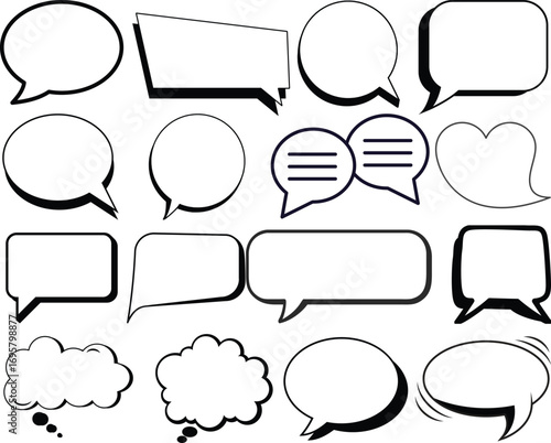 Cartoon empty retro comic style speech bubbles set with black halftone shadows. Hand drawn pop art, vintage speech clouds, thinking bubbles, and conversation text elements. Vector illustration
