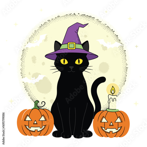 Black Cat Witch Hat Halloween Night