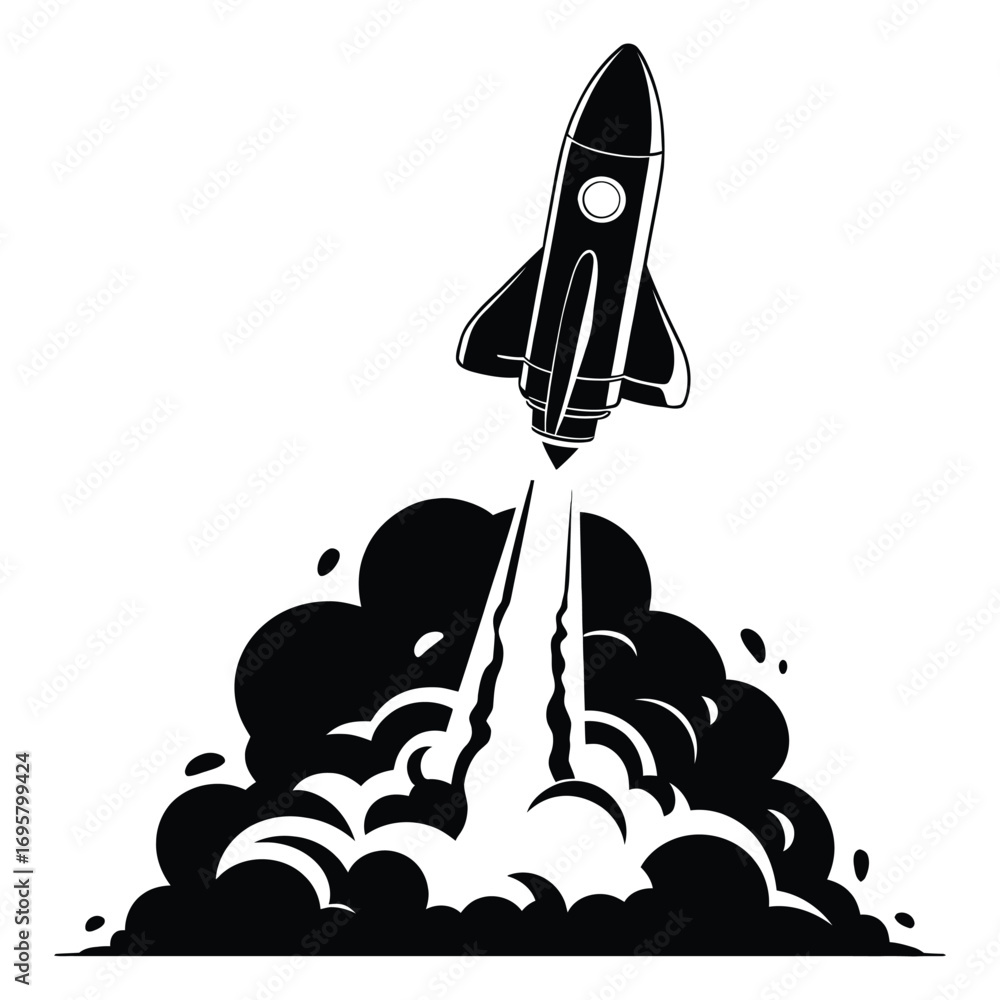 Fototapeta premium Rocket Launch Icon Black Silhouette of Rocket with Smoke Trail on White Background for Space Missions, Technology, and Science Design Use