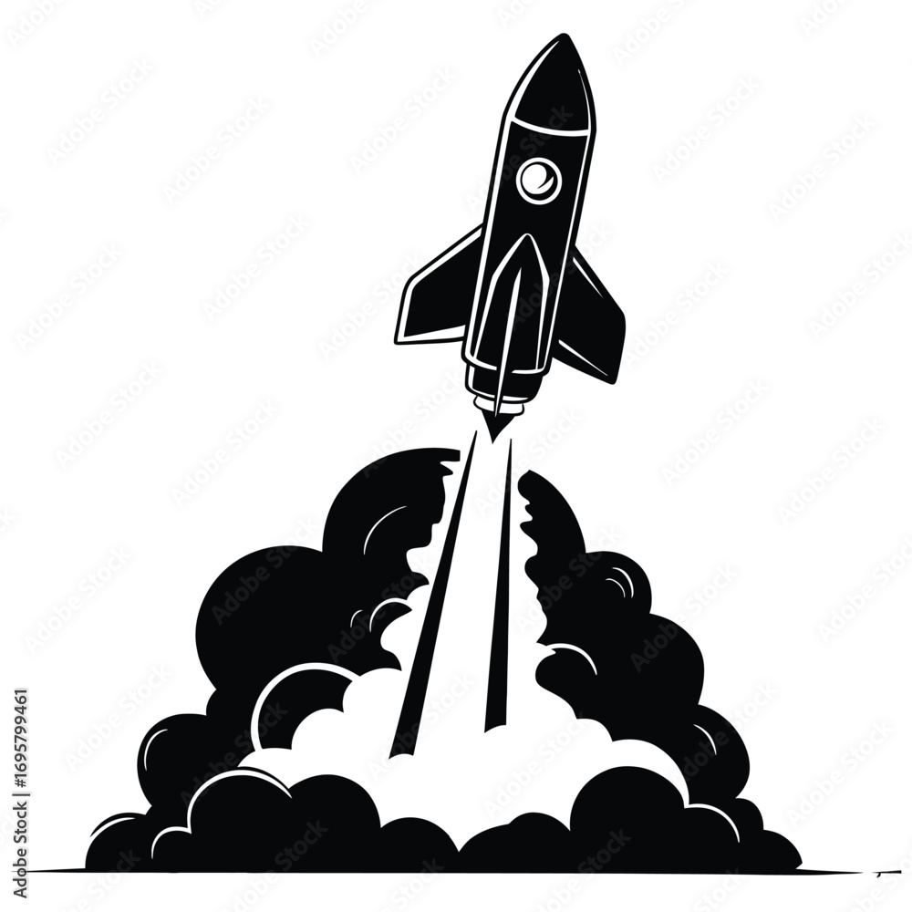 Fototapeta premium Black silhouette of rocket launching with smoke on white background vector design