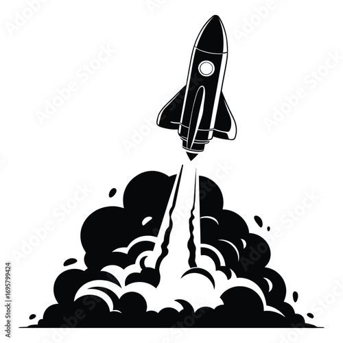 Rocket Launch Icon Black Silhouette of Rocket with Smoke Trail on White Background for Space Missions, Technology, and Science Design Use