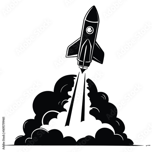 Black silhouette of rocket launching with smoke on white background vector design