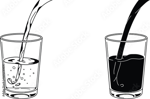water pouring into glass beside dark liquid filling another