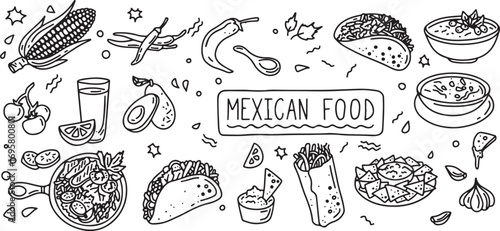 Mexican food doodle set, taco doodle sketch, burrito doodle clipart, nachos doodle vector, salsa doodle illustration, Mexican dish doodles, cartoon food doodle pack, doodle spicy food icons, hand draw