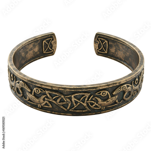 Antique Bronze Cuff Bracelet with Norse Mythology Symbols isolated on transparent background