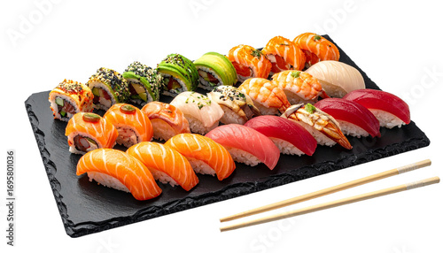 Realistic photo of assorted fresh sushi platter with salmon, tuna, and avocado rolls isolated on white background, perfect Japanese food concept.