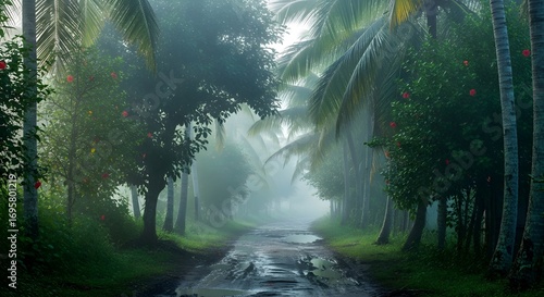 Misty Tropical Road, Lush Green Foliage.