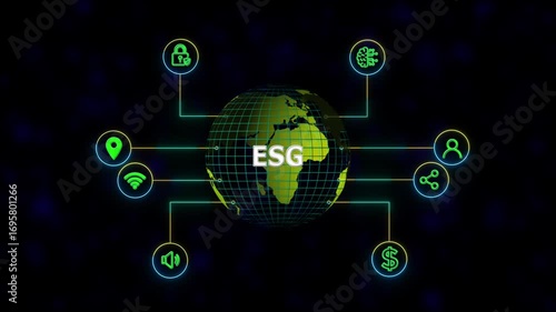 Wallpaper Mural ESG Environmental Social Governance concept, new business concept ,tee icon attached around the map features the concept of network and technology confirmed. the map is rotating ,specify all icons Torontodigital.ca