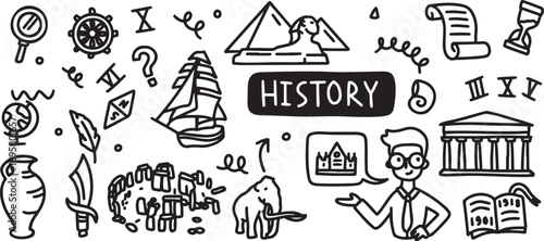 History doodle set, ancient doodles, history icons pack, pyramid sketch, castle doodle art, timeline history clipart, handdrawn history symbols, historical doodles, landmark doodle icons, history sket