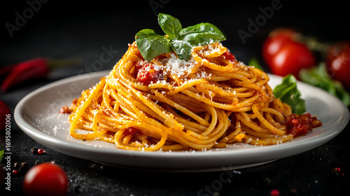 Delicious Spaghetti with Tomato Sauce, Basil and Parmesan on a White Plate