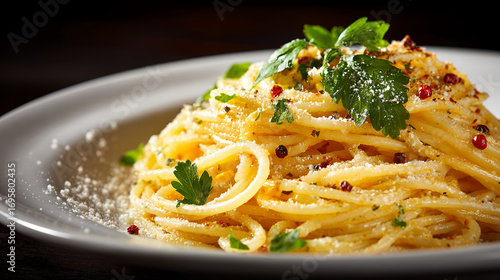 Spaghetti Aglio e Olio with Parsley and Red Peppercorns, Close-up