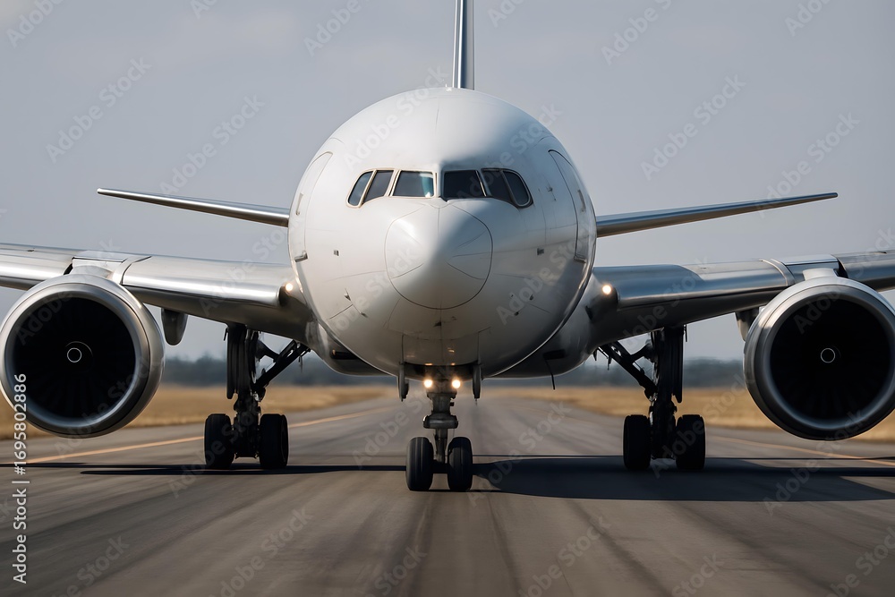 Naklejka premium Commercial Airplane Taxiing on Runway Preparing for Takeoff