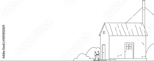 Whimsical line drawing of a small, simple house with a chimney and a figure standing by the door.